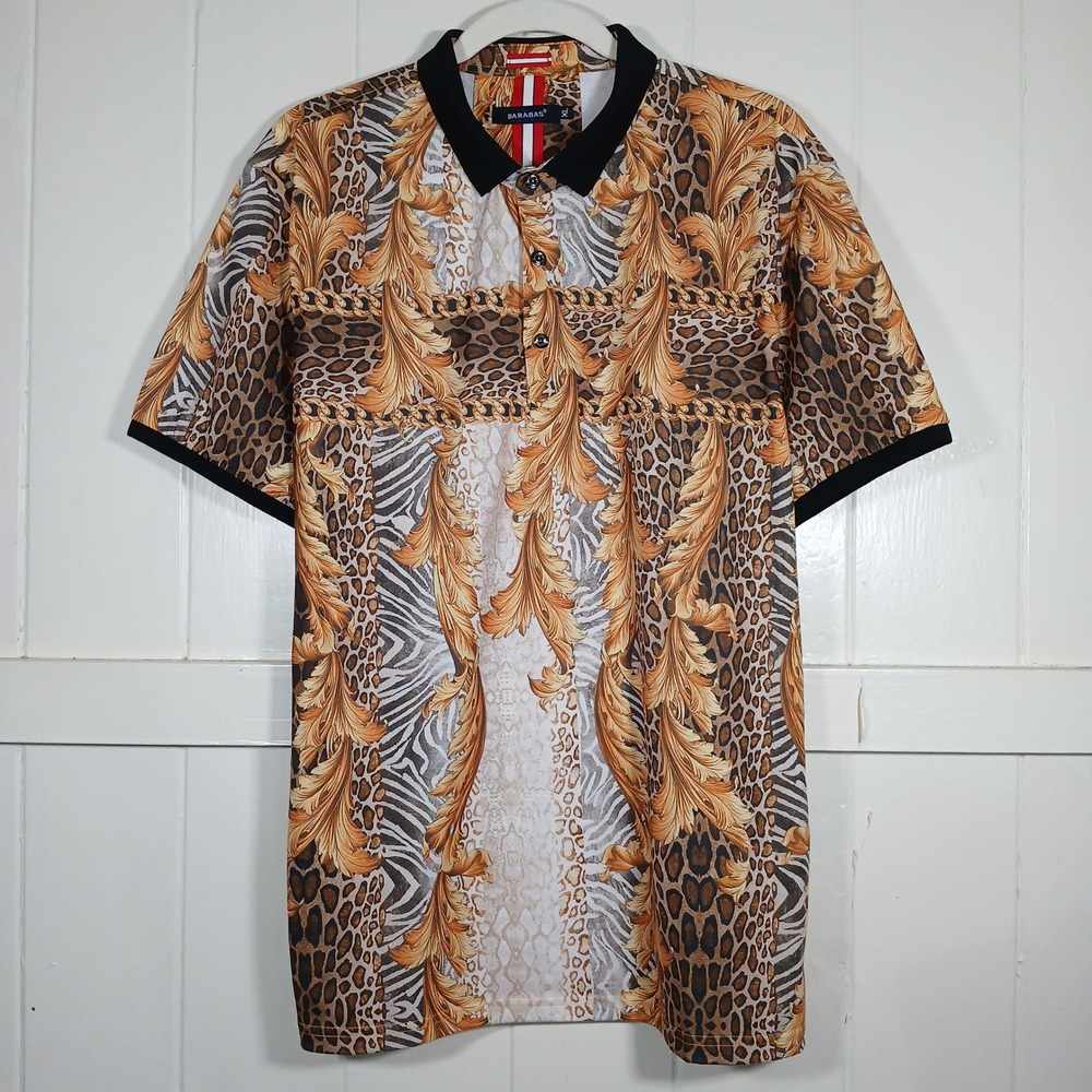 BARABAS Polo Shirt Mens XL Brown Leopard Zebra Baroque Gold Print Short Sleeve